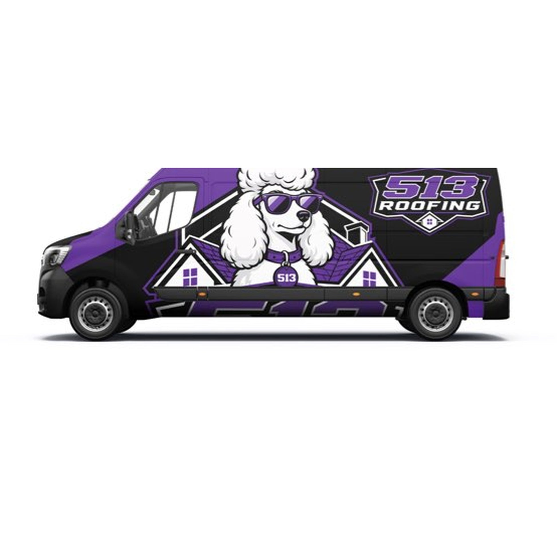 513 Roofing custom van wrap design with poodle mascot