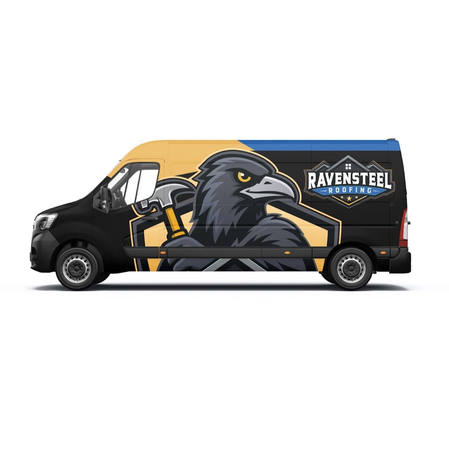 Ravensteel Roofing custom van wrap design with raven mascot