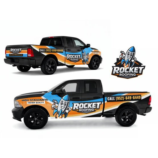 Rocket Roofing custom truck wrap design on Ram pickup
